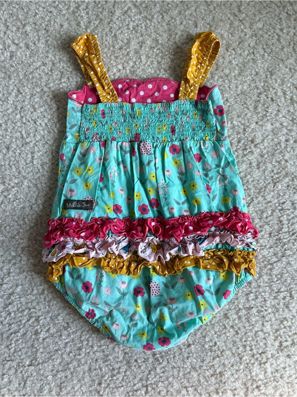 Matilda Jane Mint Floral Ruffle One-Piece with Mustard Straps - Picture 2 of 2